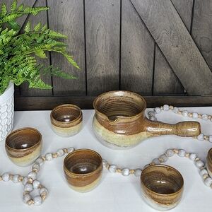 Vintage pottery tea/hot chocolate set spouted butter meltor syrup warmer 6 piece